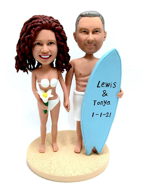 Custom cake toppers Beach wedding cake topper with surfboard